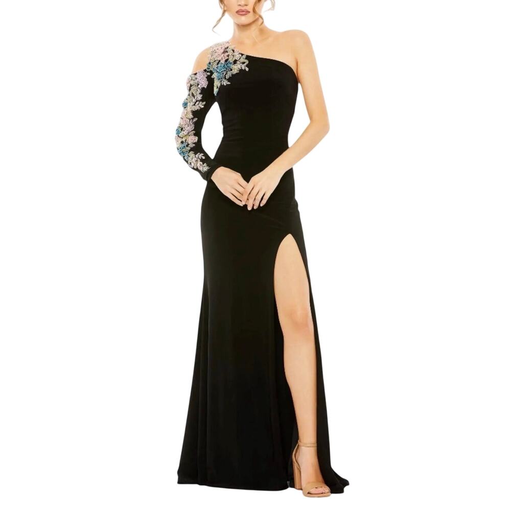 Mac Duggal 2204 One Shoulder Sequin Long Sleeve Evening Gown Black Size 6 Dress